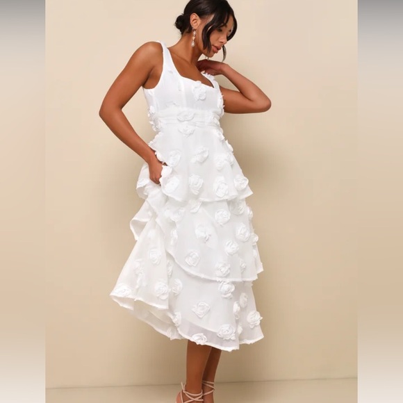 NWT Lulus Exceptional Entrance White Sleeveless Tiered Rosette Midi Dress - Picture 2 of 4